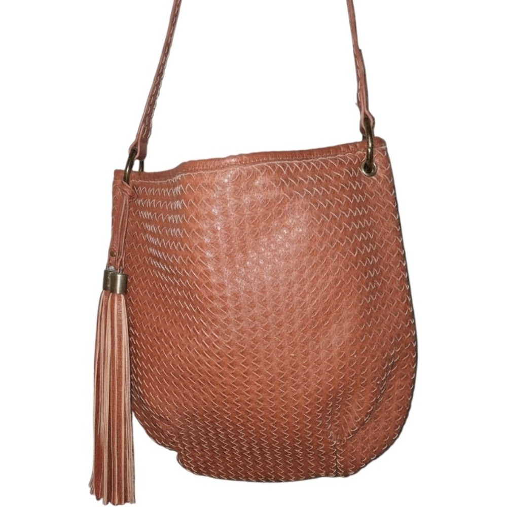 Sondra Roberts Squared Woven Cognac Brown Tassel Hobo Crossbody Bag Womens